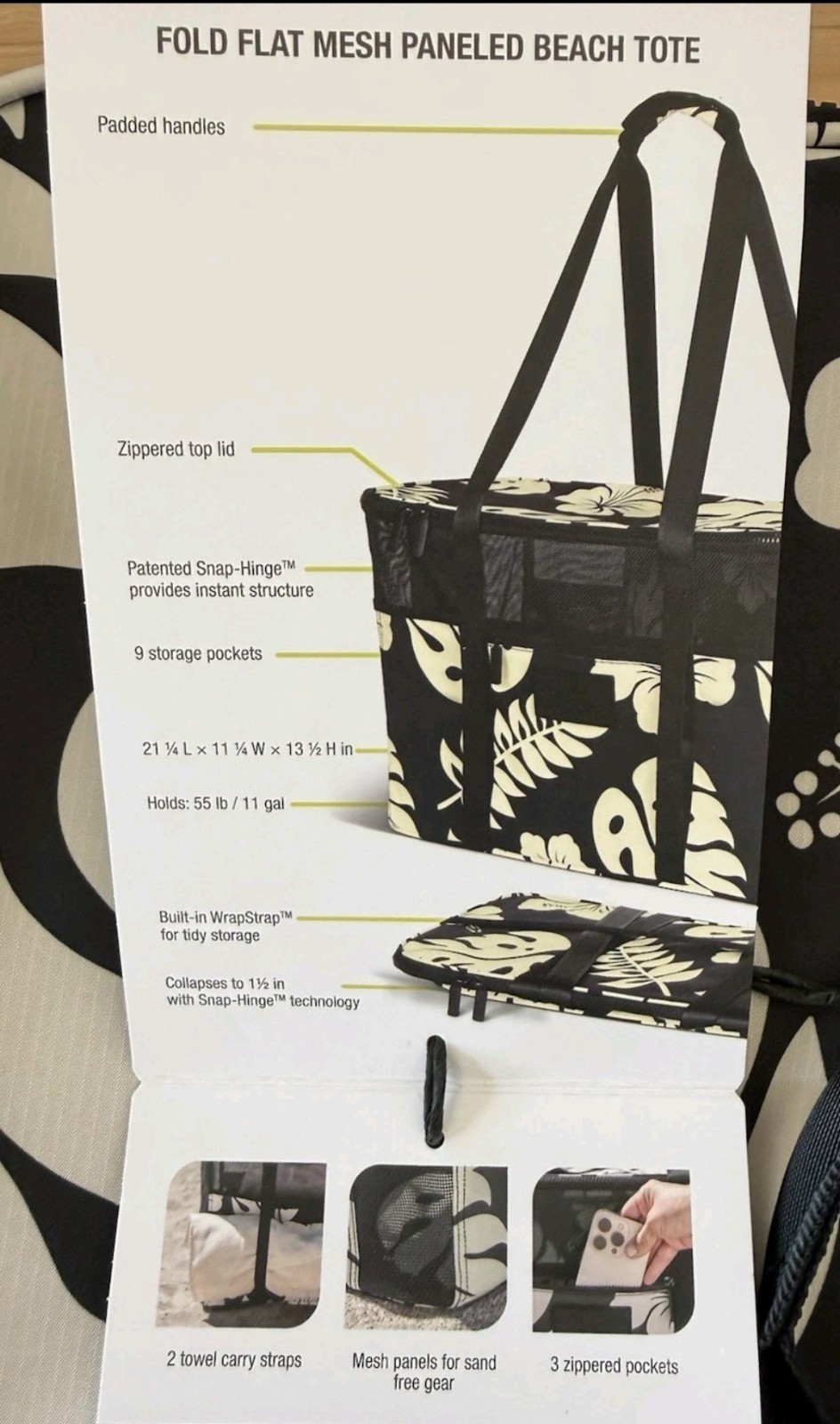 NWT Aloha Collection X Clevermade Collapsible Beach Tote Costco Black Tropical