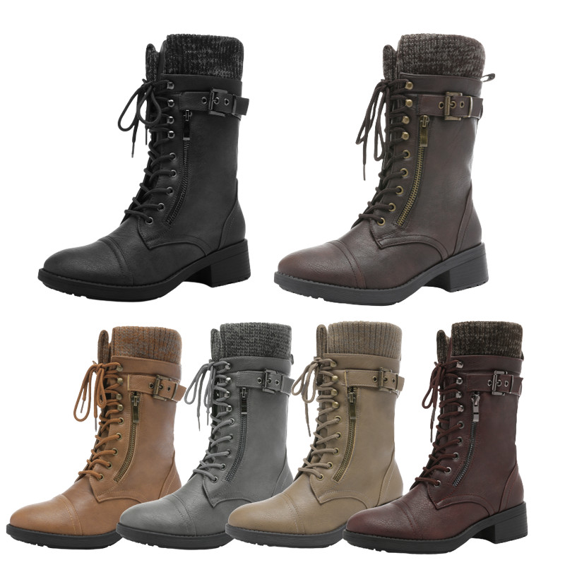 Women Lace Up Low Heel Mid Calf Boots Faux Fur Lined Combat Riding Boots