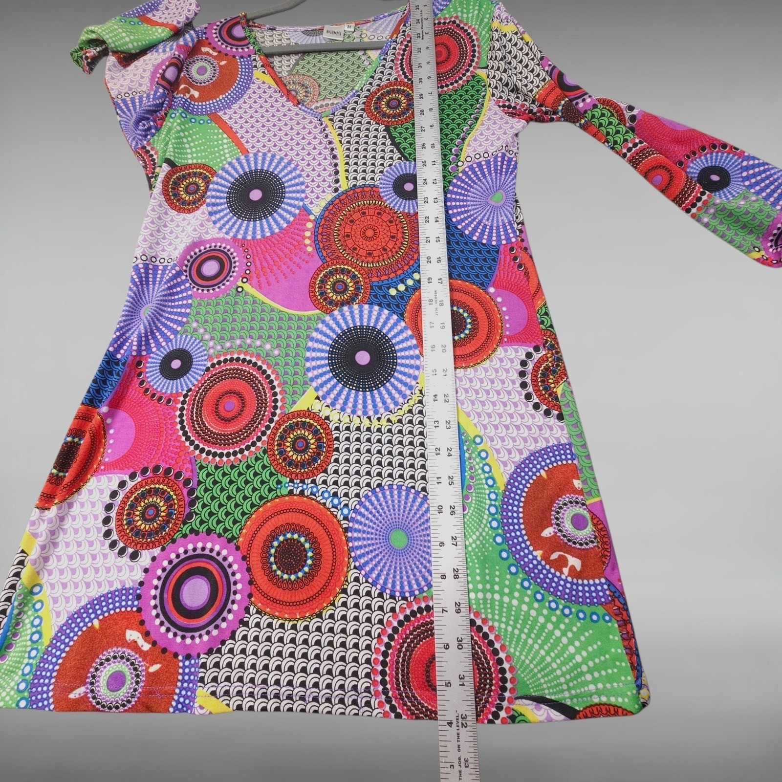 Psychedelic Retro Geometric Shift Mini Dress Long Sleeve Artsy Boho Womens M