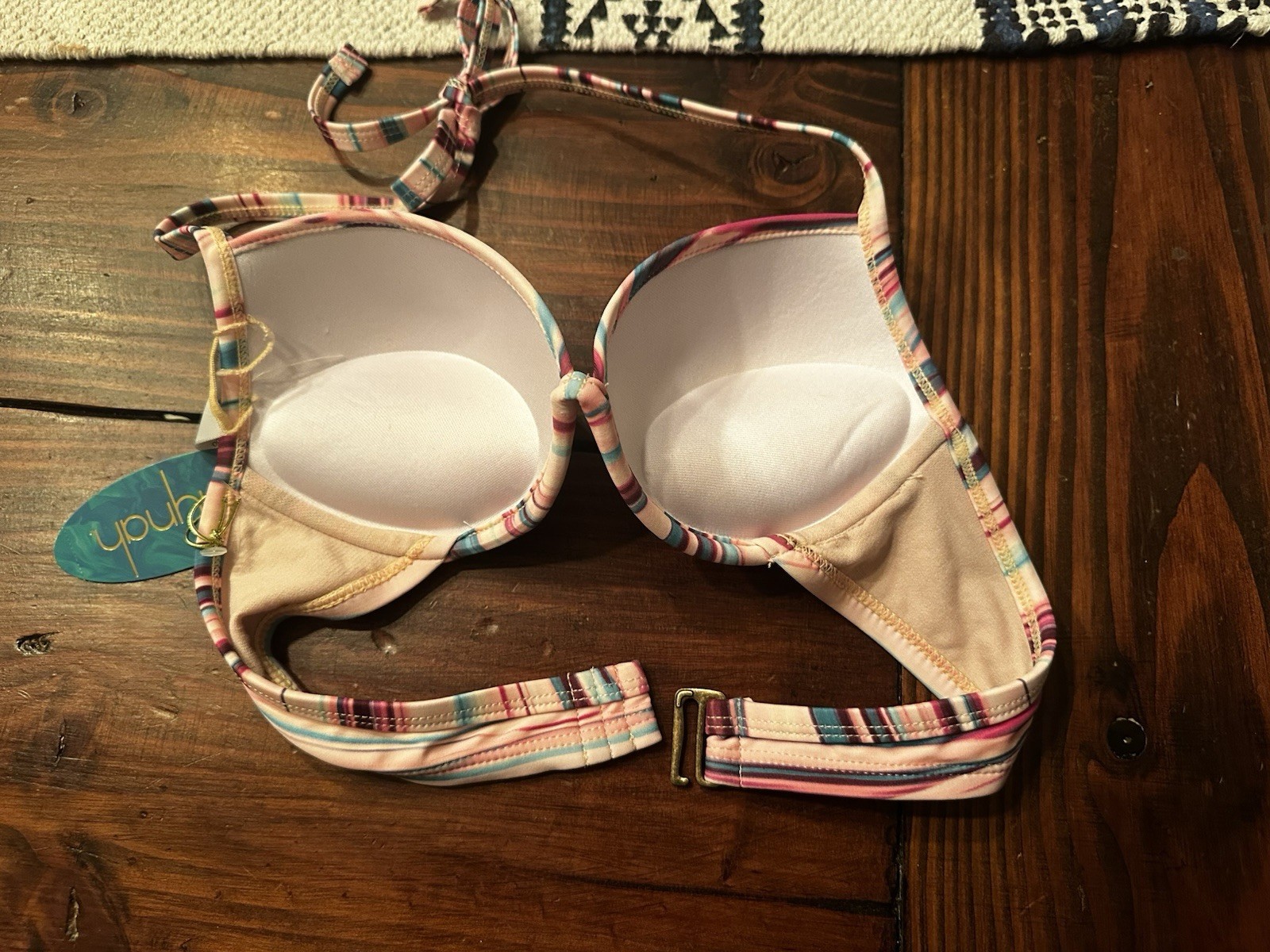 Maui Striped Padded Adjustable Halter Bikini Top, X-Small Pink/Blue/White