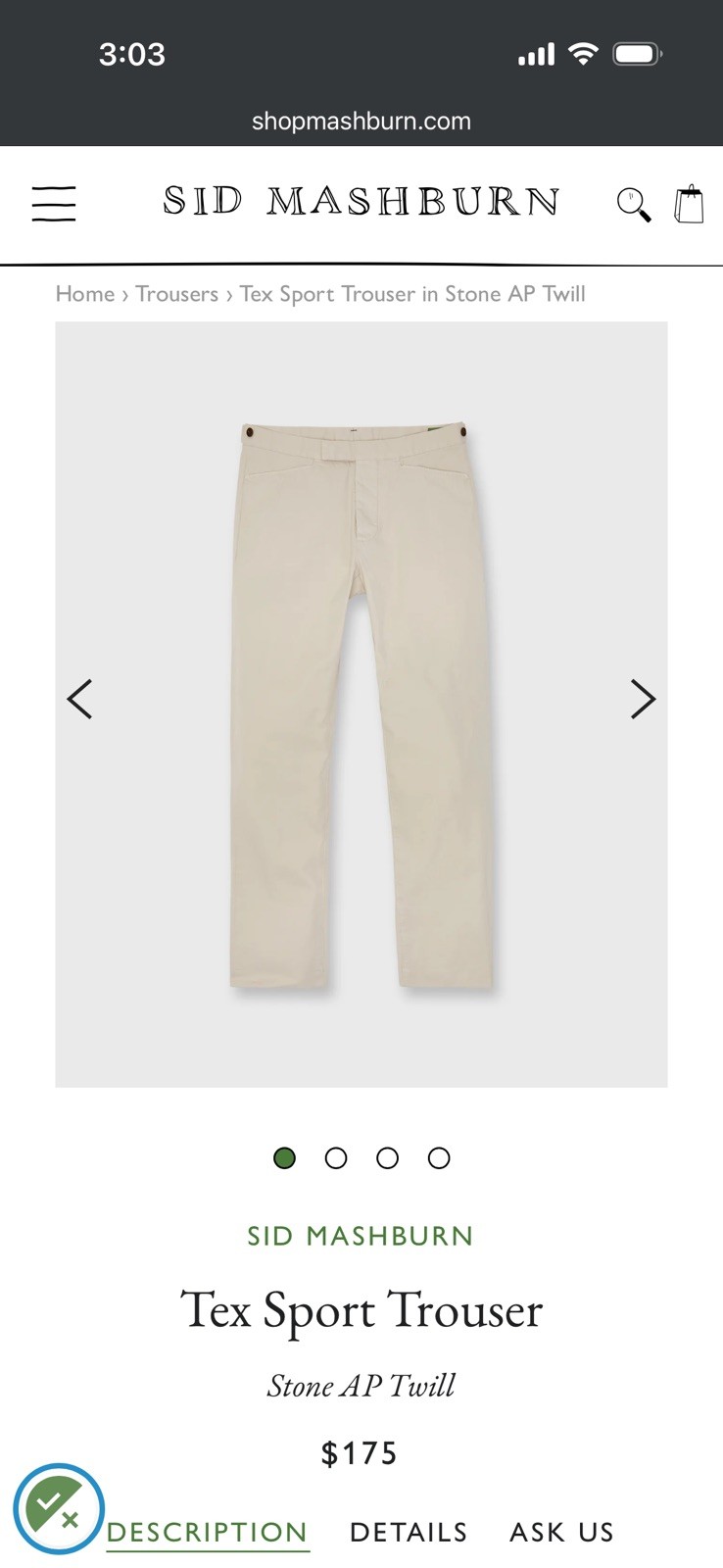 Sid Mashburn Tex Khaki Cotton Twill Pant – Mens Size 32 Unhemmed