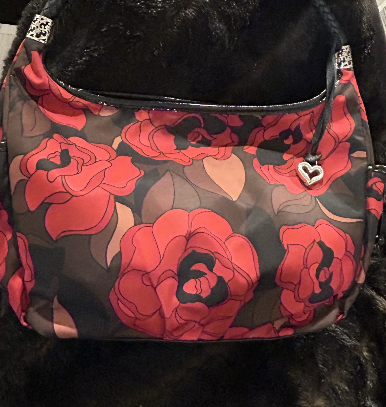Brighton Jillian Red Rose Hobo Bag Black Woven Strap Womens Purse Large