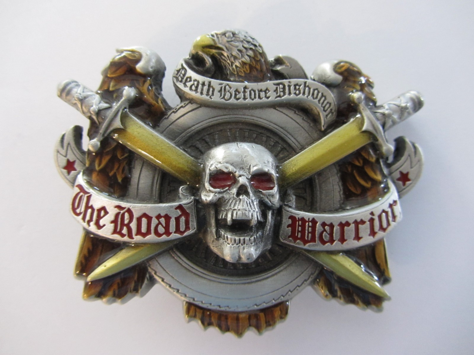 The Road Warrior, Death Before Dishonor Belt Buckle Pewter Skull & Swords 119