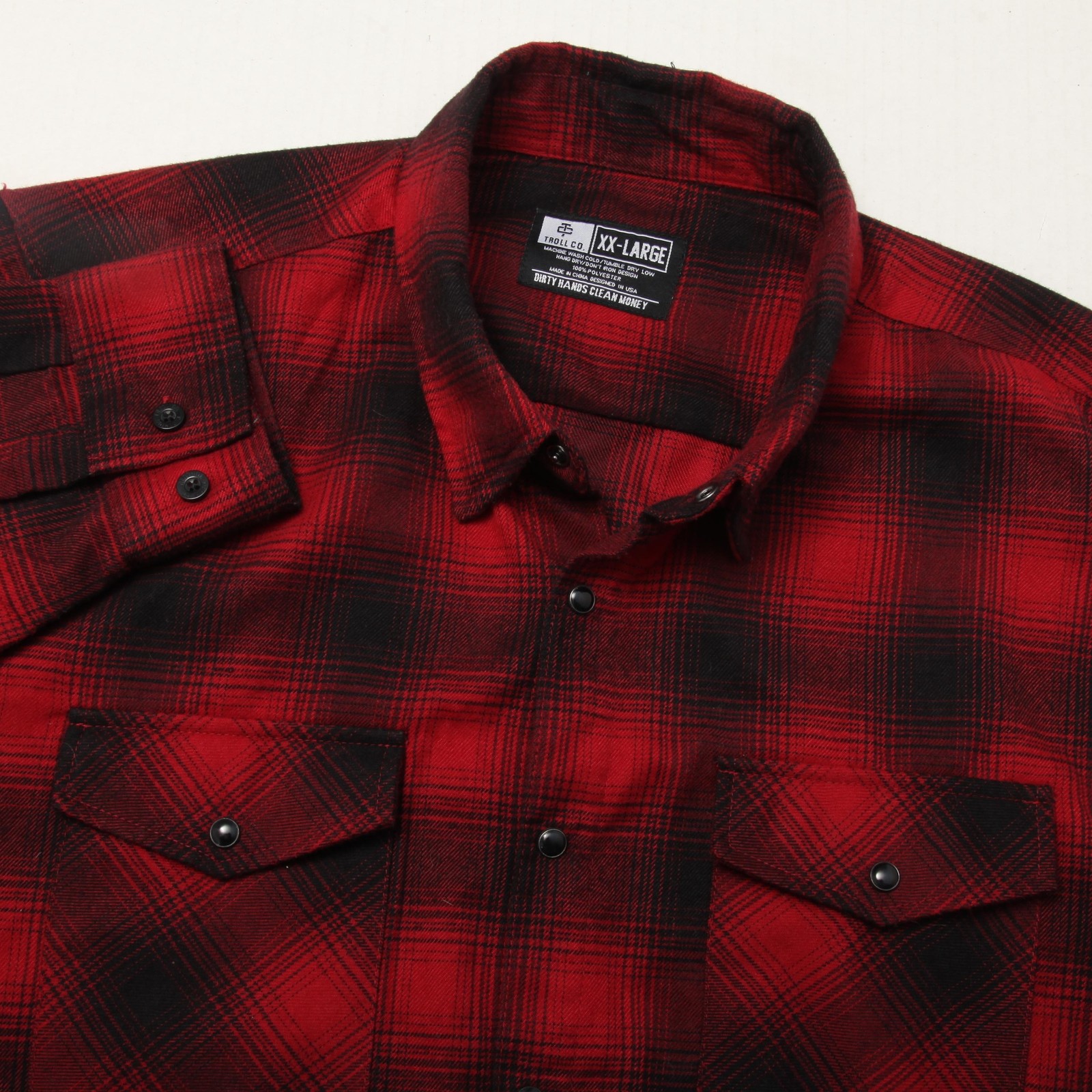 Troll Co Shirt Mens 2XL Red Black Plaid Flannel Snap Button Workwear Casual