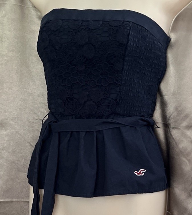 Hollister VTG Y2K 100% Cotton Navy Stretch Crochet Front Tube Top Sz S Vintage