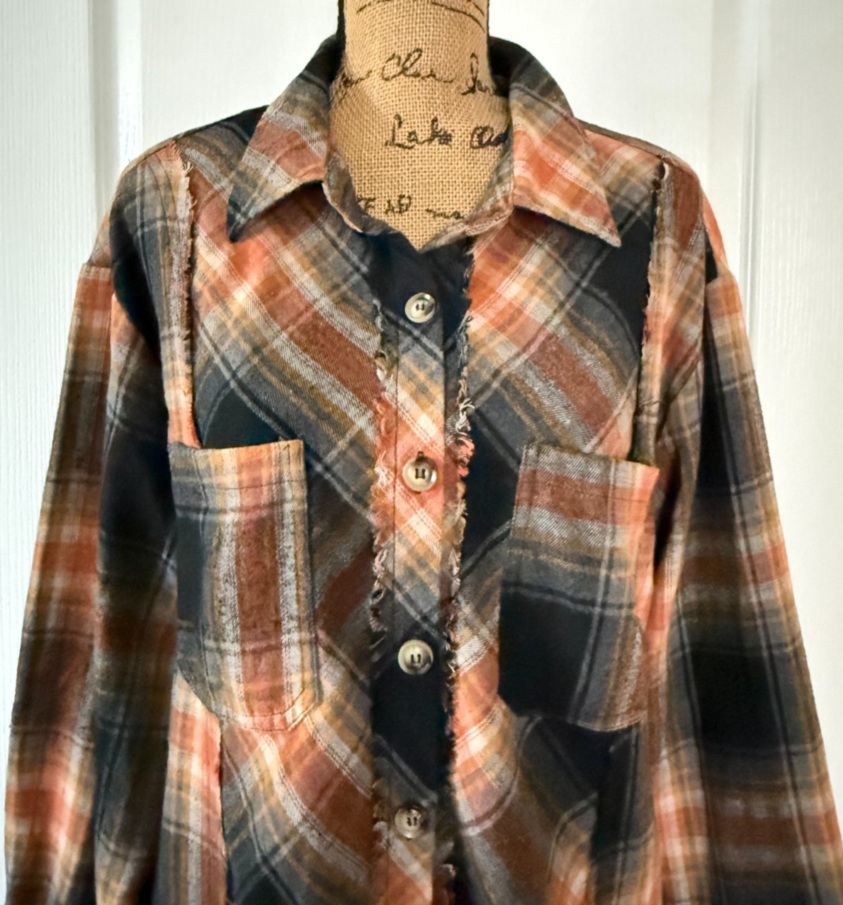Umgee Button Up Long Sleeve Flannel Brown Plaid Distressed Fringe Boho XL