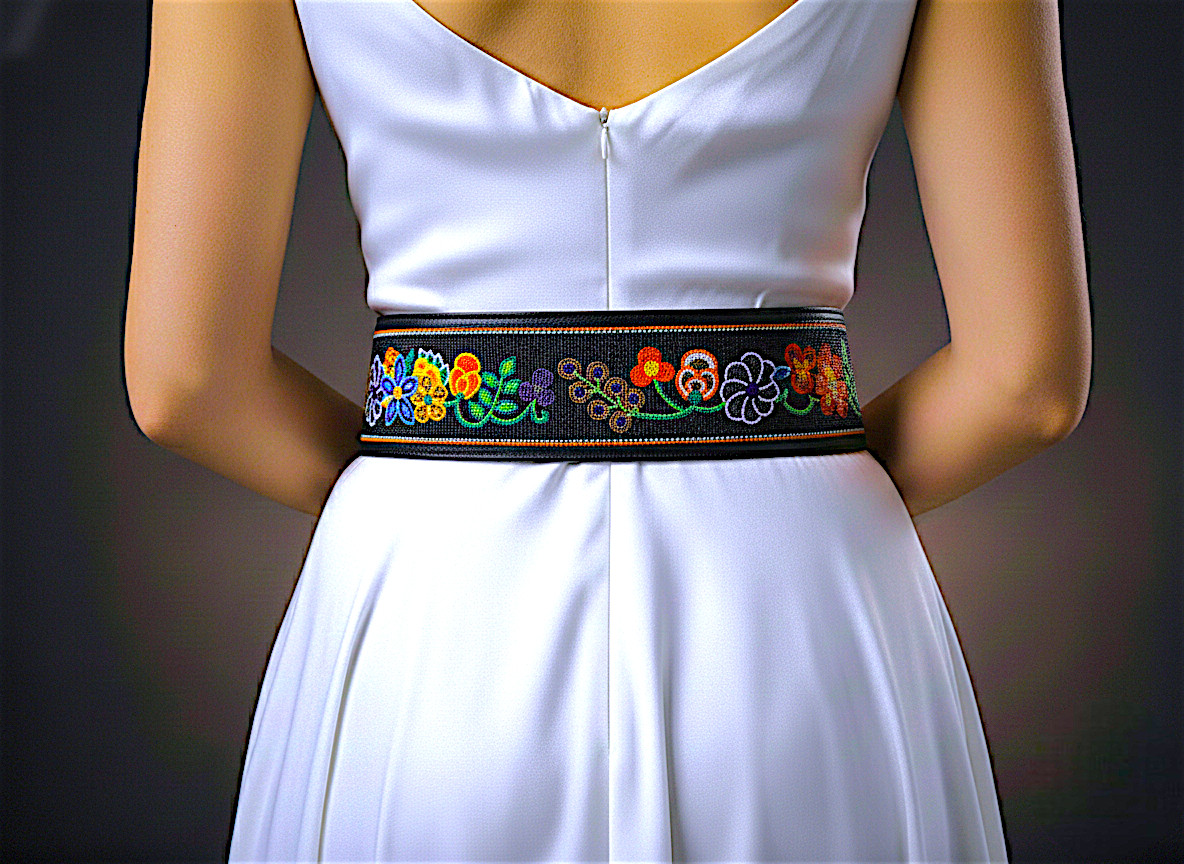 Beaded Wide Leather Belt | Floral Statement Western Waist Belt | Double Buckle