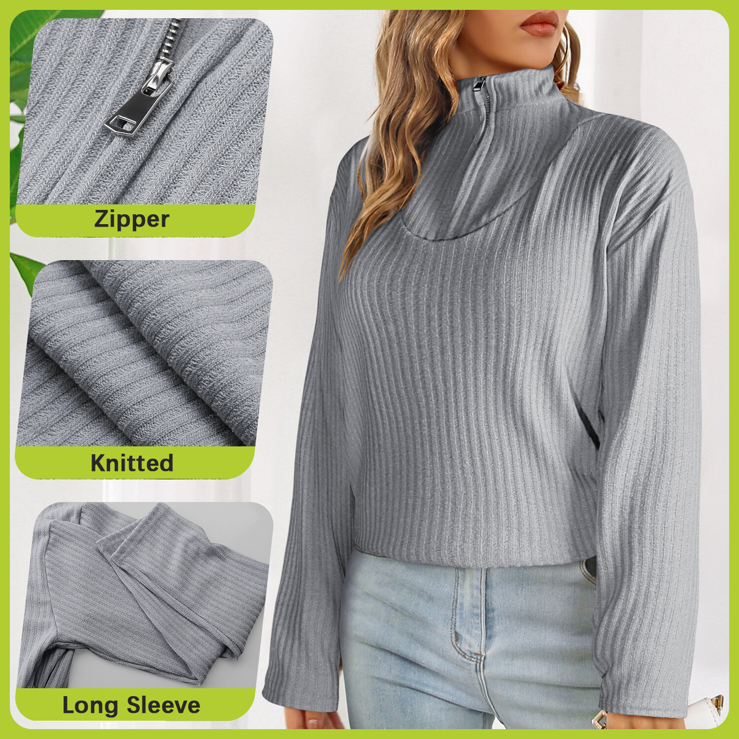 Women’s Casual Long Sleeve Half Zip Pullover Sweaters Solid V Neck Collar Top