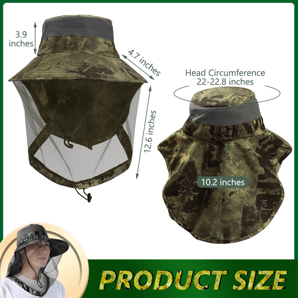 Mosquito Head Net Hat with Neck Flap Wide Brim Sun Protection Cap Hiking Fishing
