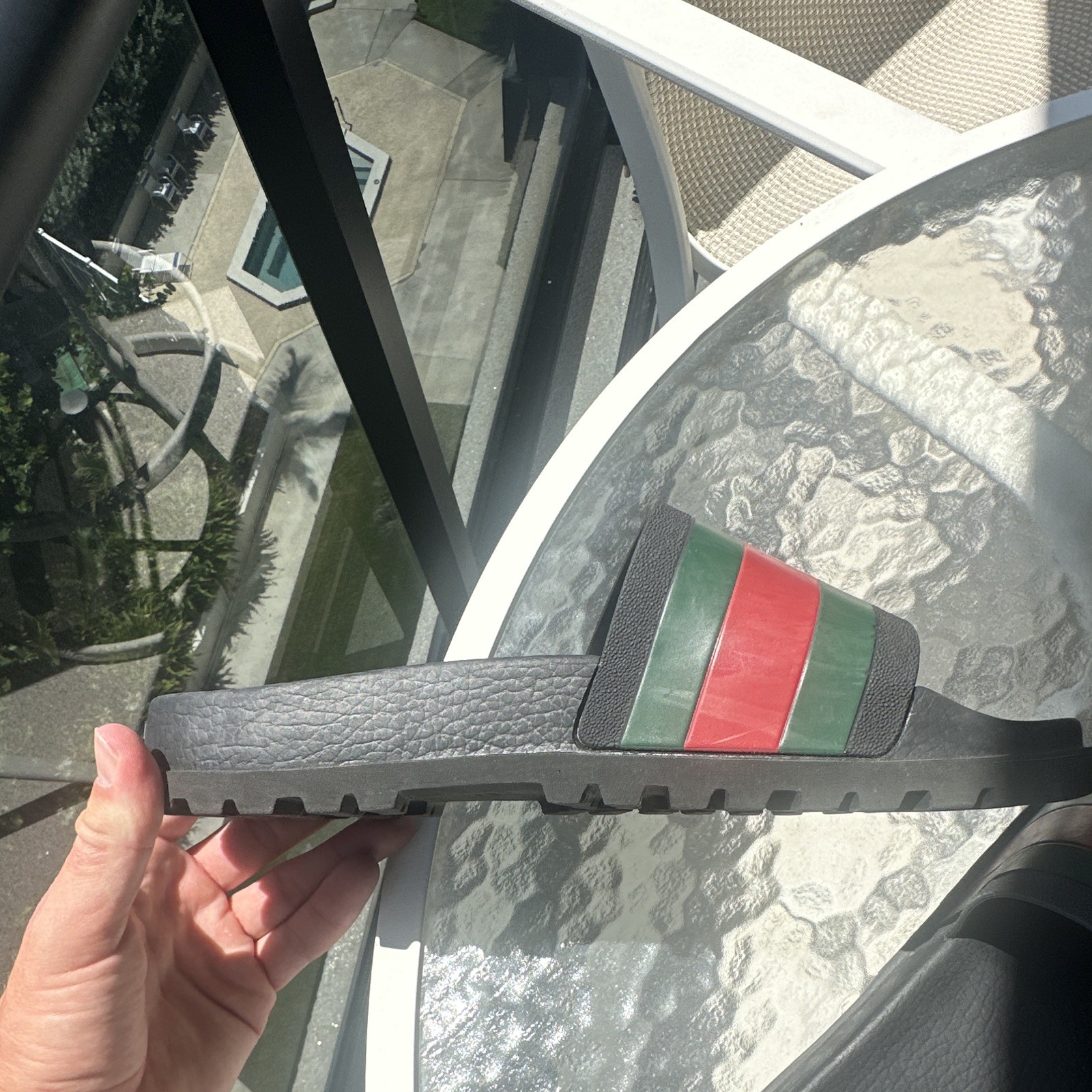 Gucci Men’s Black Slide Sandals Red & Green Web Stripe Logo Slip-On