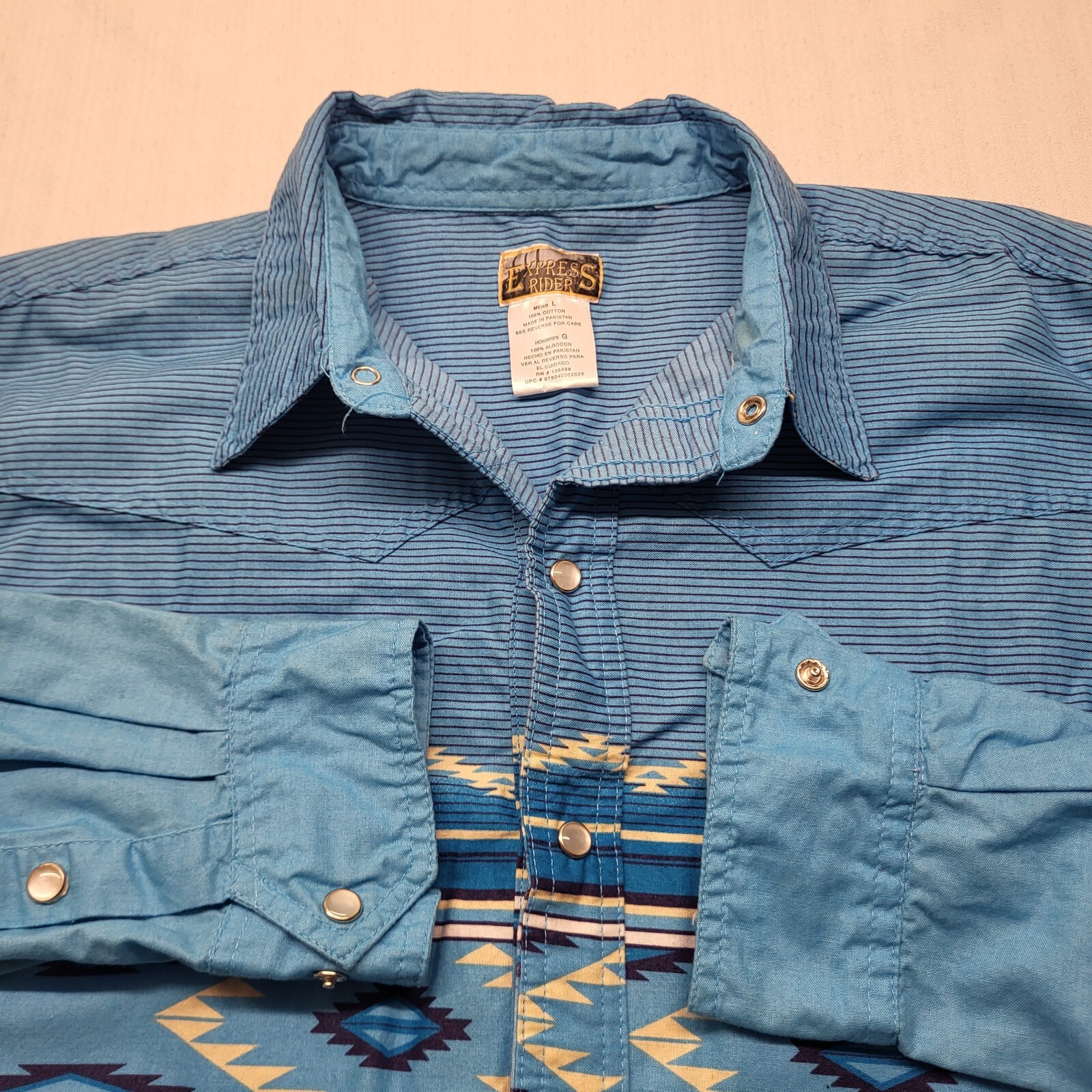 VTG Express Rider Pearl Snap Shirt Mens Large Blue Aztec 90s Western USA Cowboy