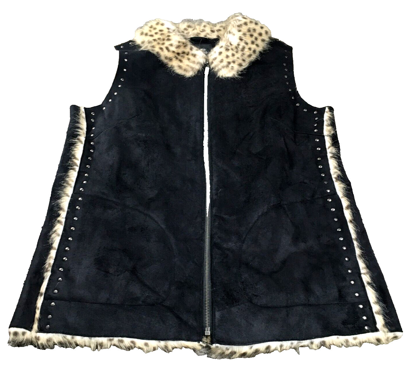 Dennis Basso Womens Vest Sz M Leopard Faux Fur Studded Full Zip Collared NWT