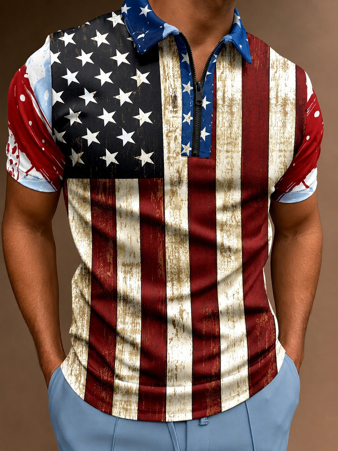 Patriotic Polo T-Shirt Men USA American Flag Distressed Golf Fashion Zipper Soft