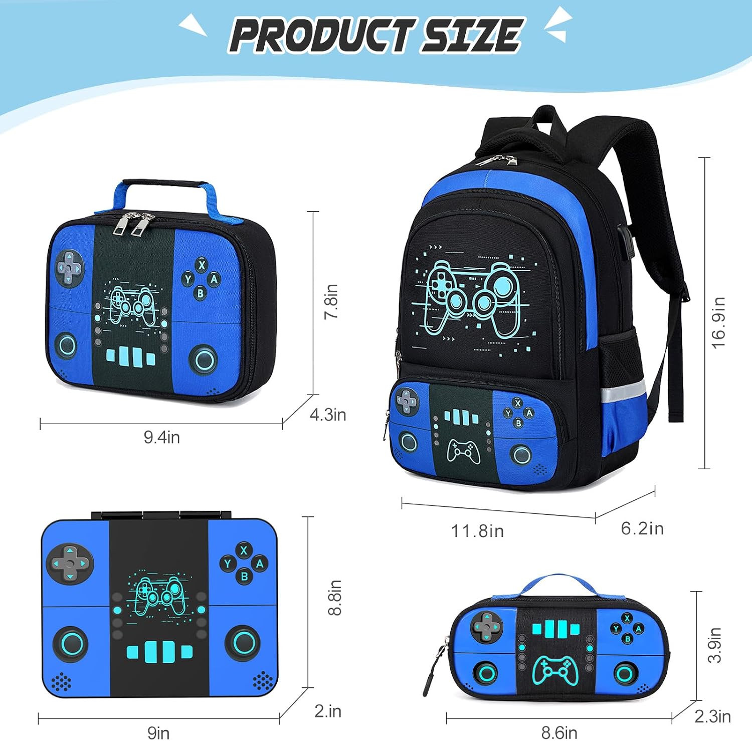 Backpack for Boys with Bento Lunch Box Set, Cool Luminous Gamer Boys Backpack Bo
