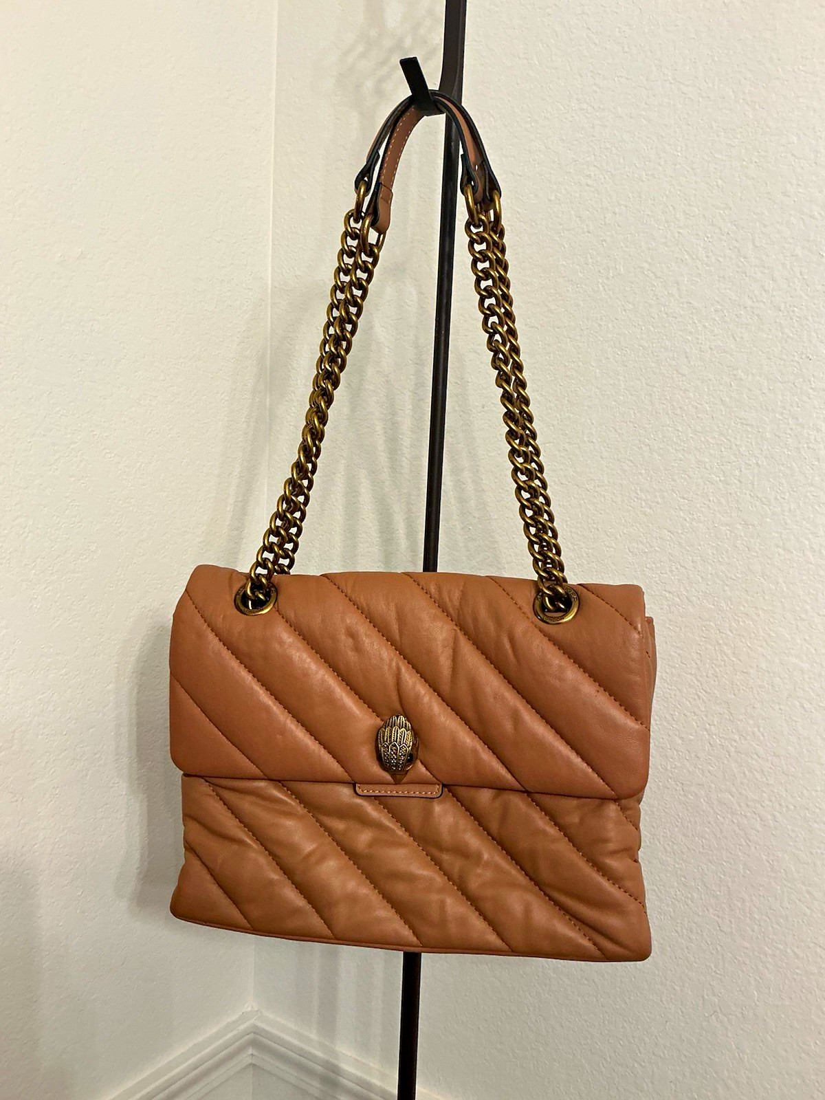 Kurt Geiger Brown Quilted Shoulder Bag Gold Hardware Chain Strap Solid