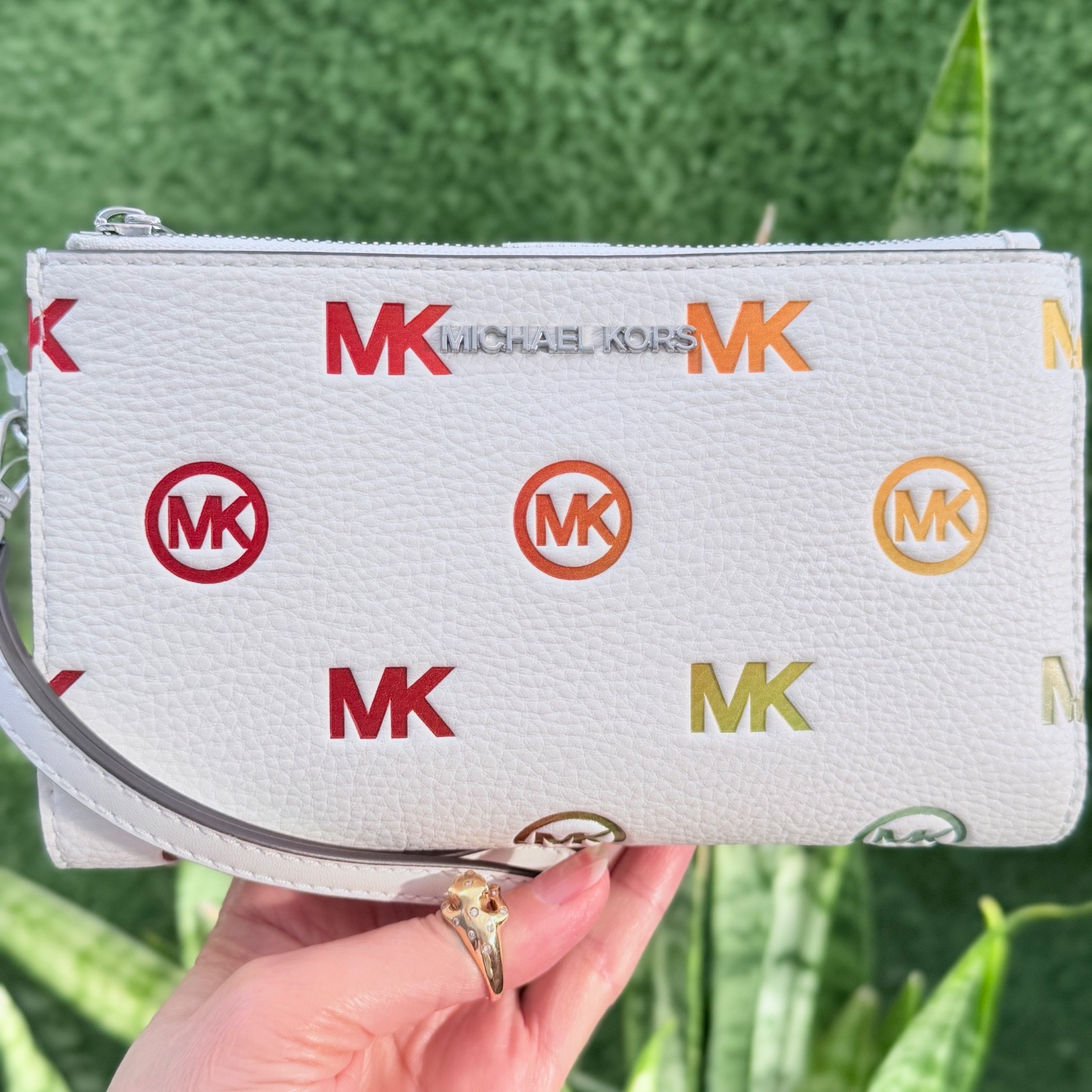 Michael Kors Jet Set Travel Double Zip Wristlet Wallet MK Rainbow Optic White