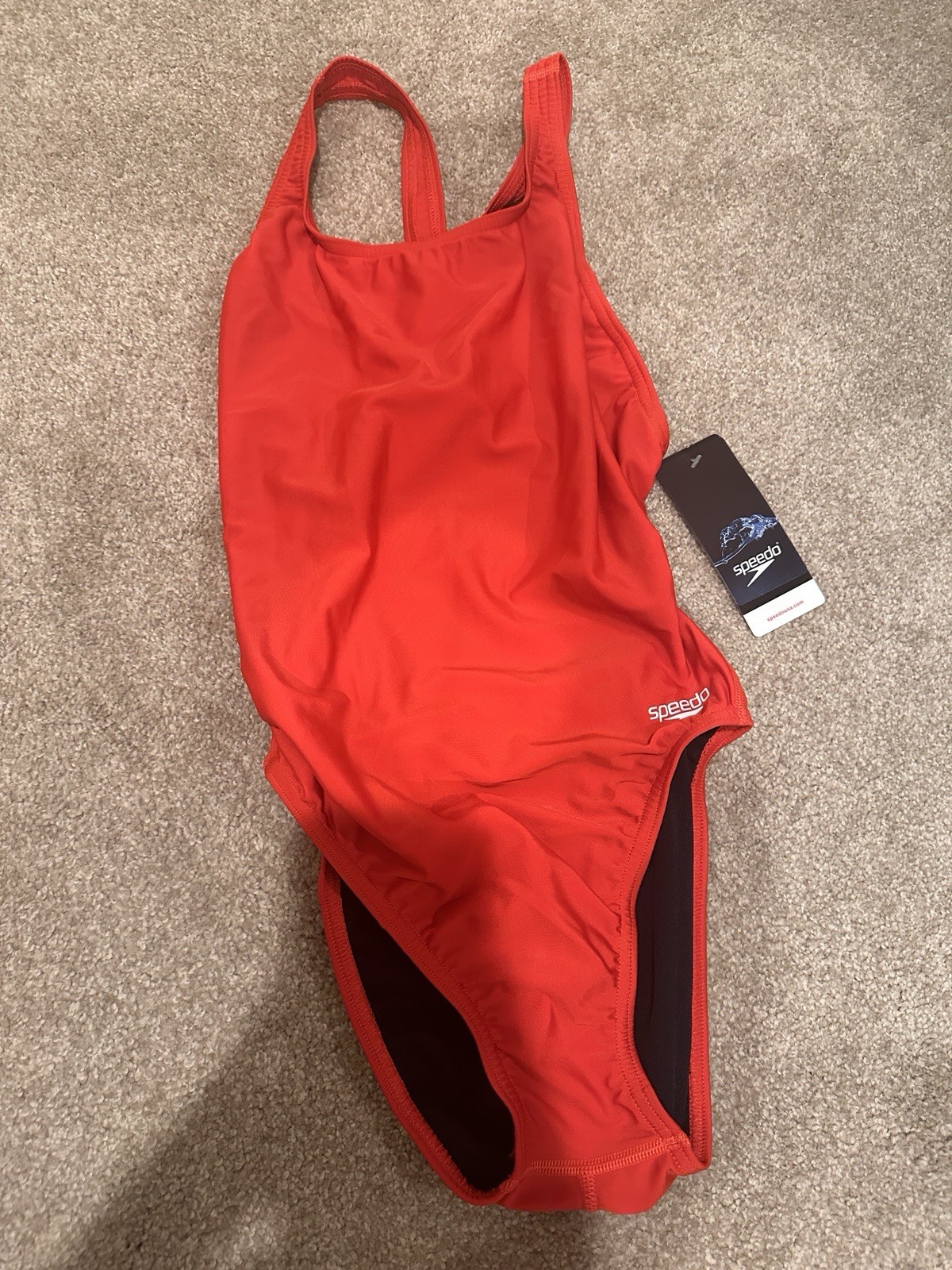 Speedo Women’s Red Solid Lined One-Piece Swimsuit Logo Strap, Size 10/36