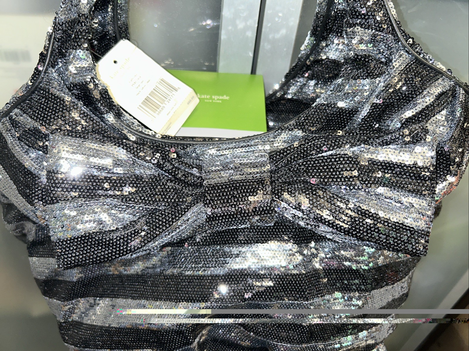 Kate Spade Night Sky Handbag LG NWT Vintage Black Silver Sequins Striped Bowtie
