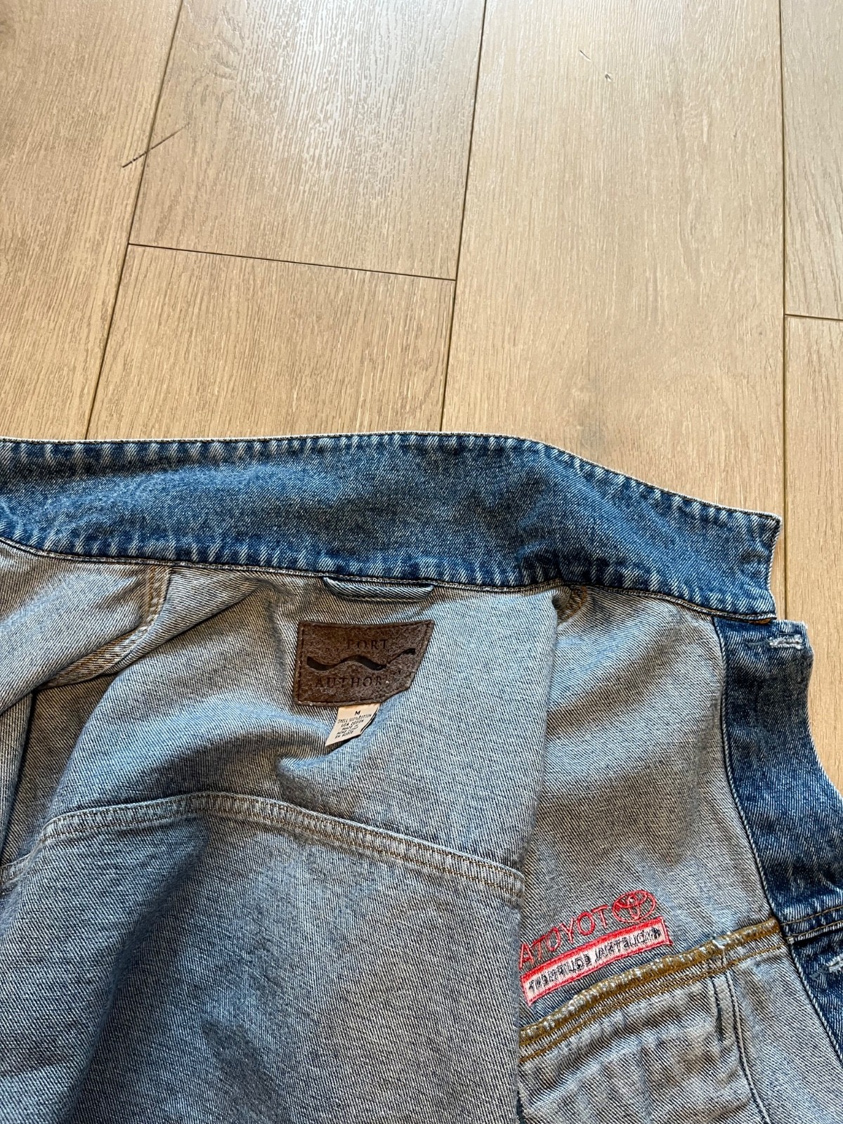 port authority mens blue denim medium wash toyota car embroidered jean jacket m