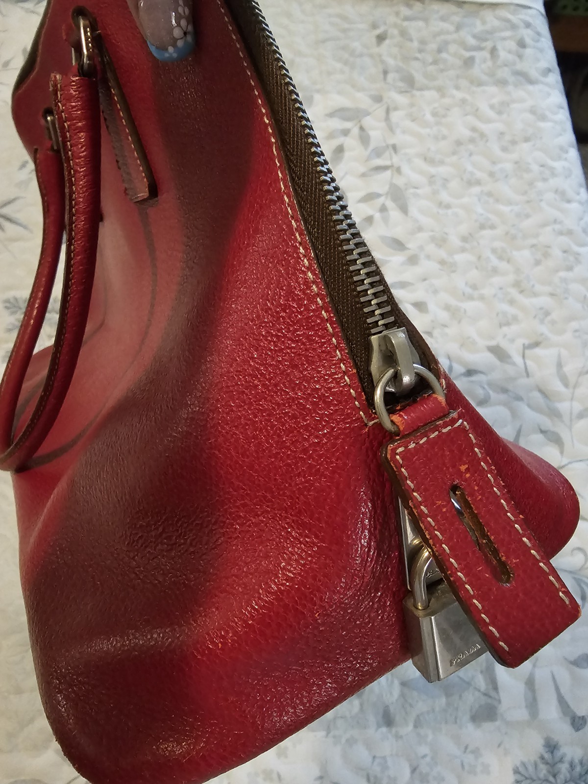 PRADA Red Pebbled Zip Satchel Top Handle Bag Silver Hardware w/ Clochette