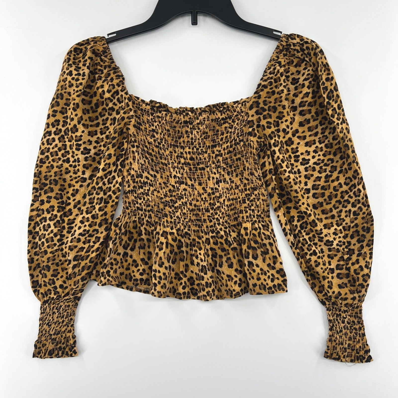 Mi Ami Francesca’s Leopard Print Smocked Peplum Top S Boho Feminine Romantic