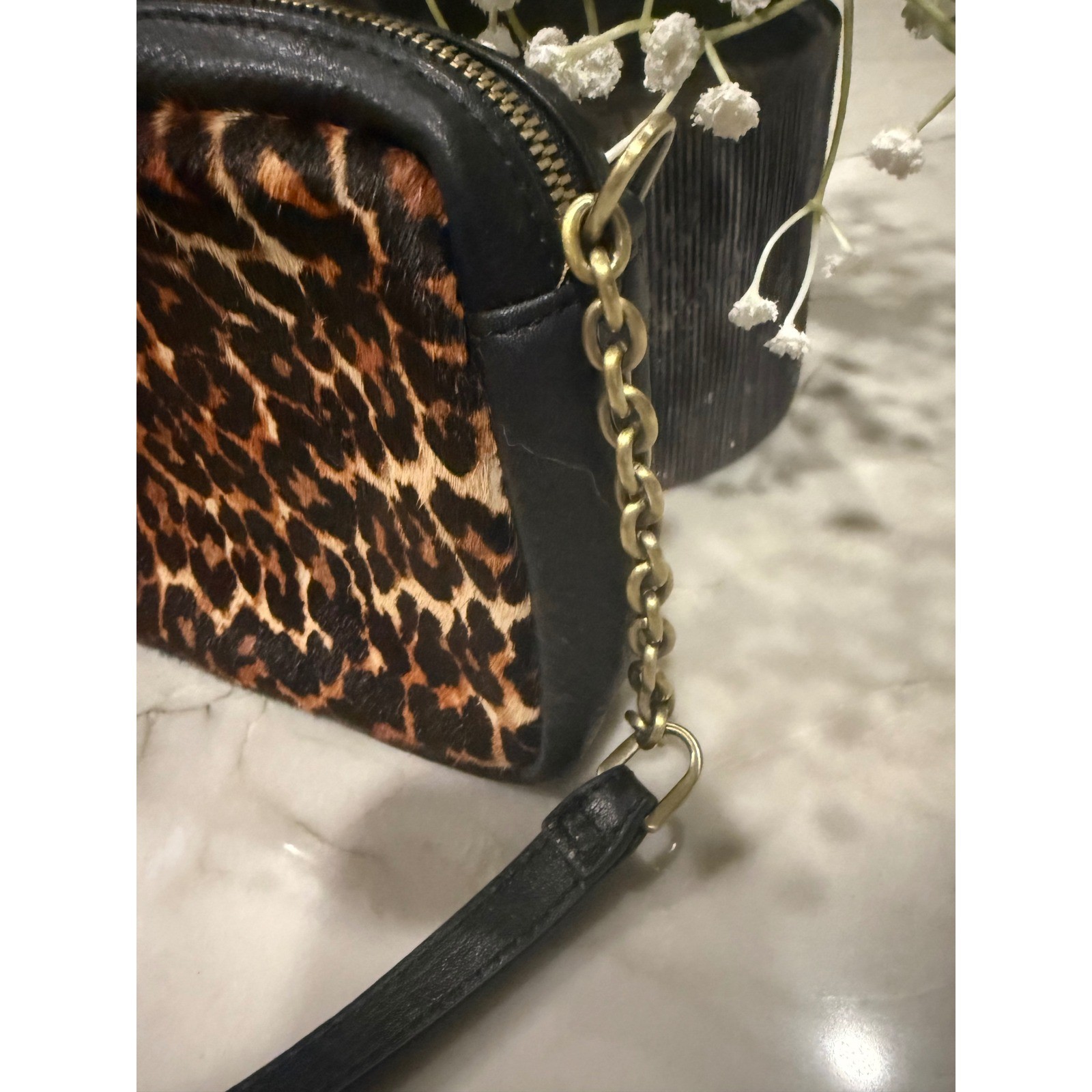 HOBO Black Leather Calf Hair Leopard Print Tassel Crossbody Bag Camera Bag