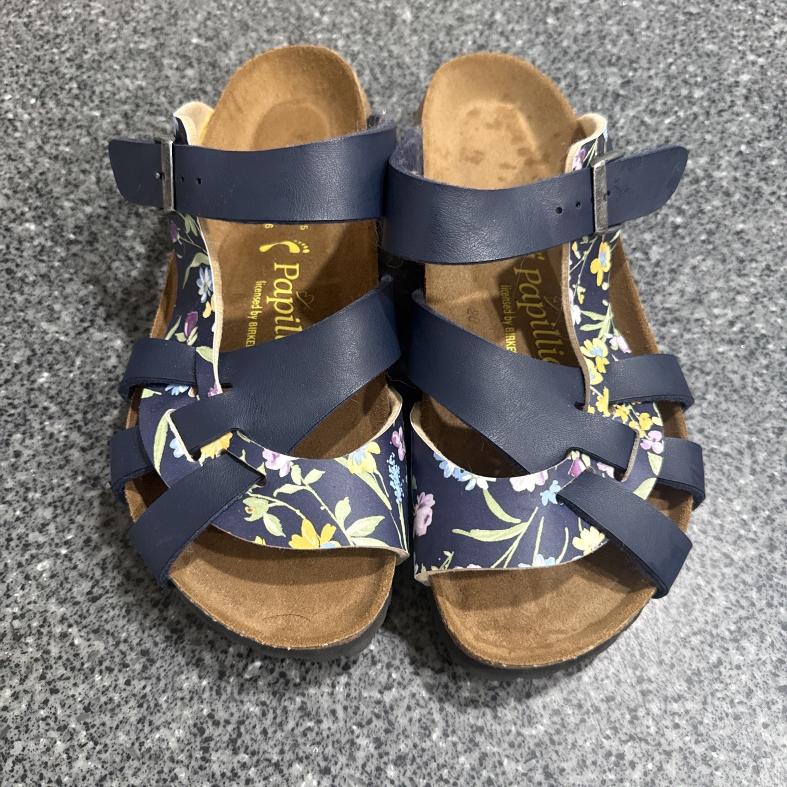 Papillio Birkenstock Pisa Sandals Womens Size 9 Narrow Blue Floral Comfort Cork