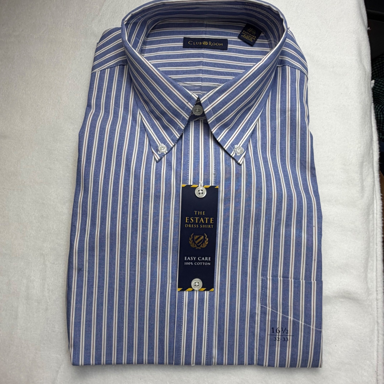 Club Room Mens Estate Dress Shirt Blue White Stripe 16.5 32/33 Easy Care Cotton