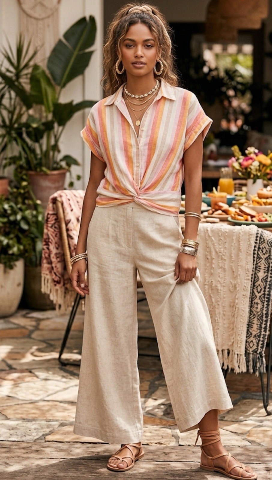 Lou & Grey Top XS Pastel Stripe 100% Linen Button Up Twist Front Shirt Boho