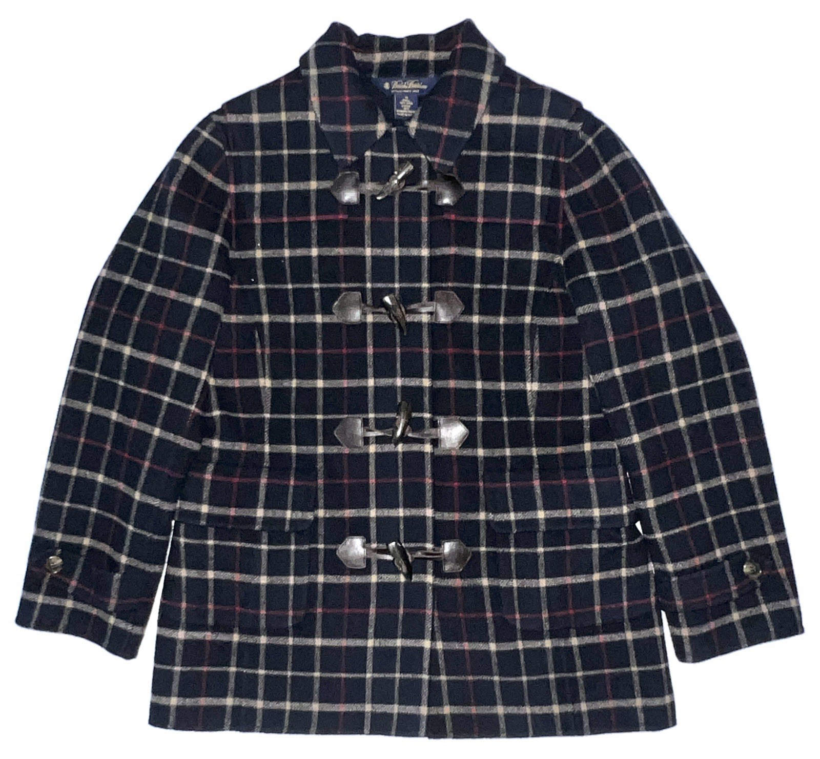 Brooks Brothers Duffle Coat Navy Plaid Wool Toggle Jacket Removable Hood Women M