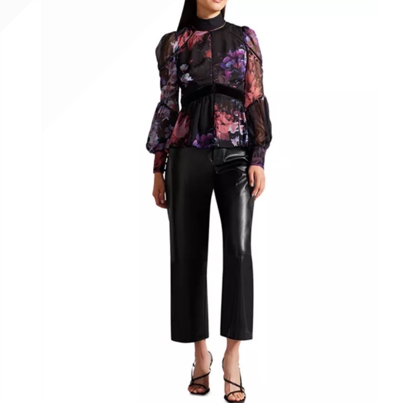 New Ted Baker London Neeveh Floral Ladder Trim Velvet Top Black Mock Neck Sz 4
