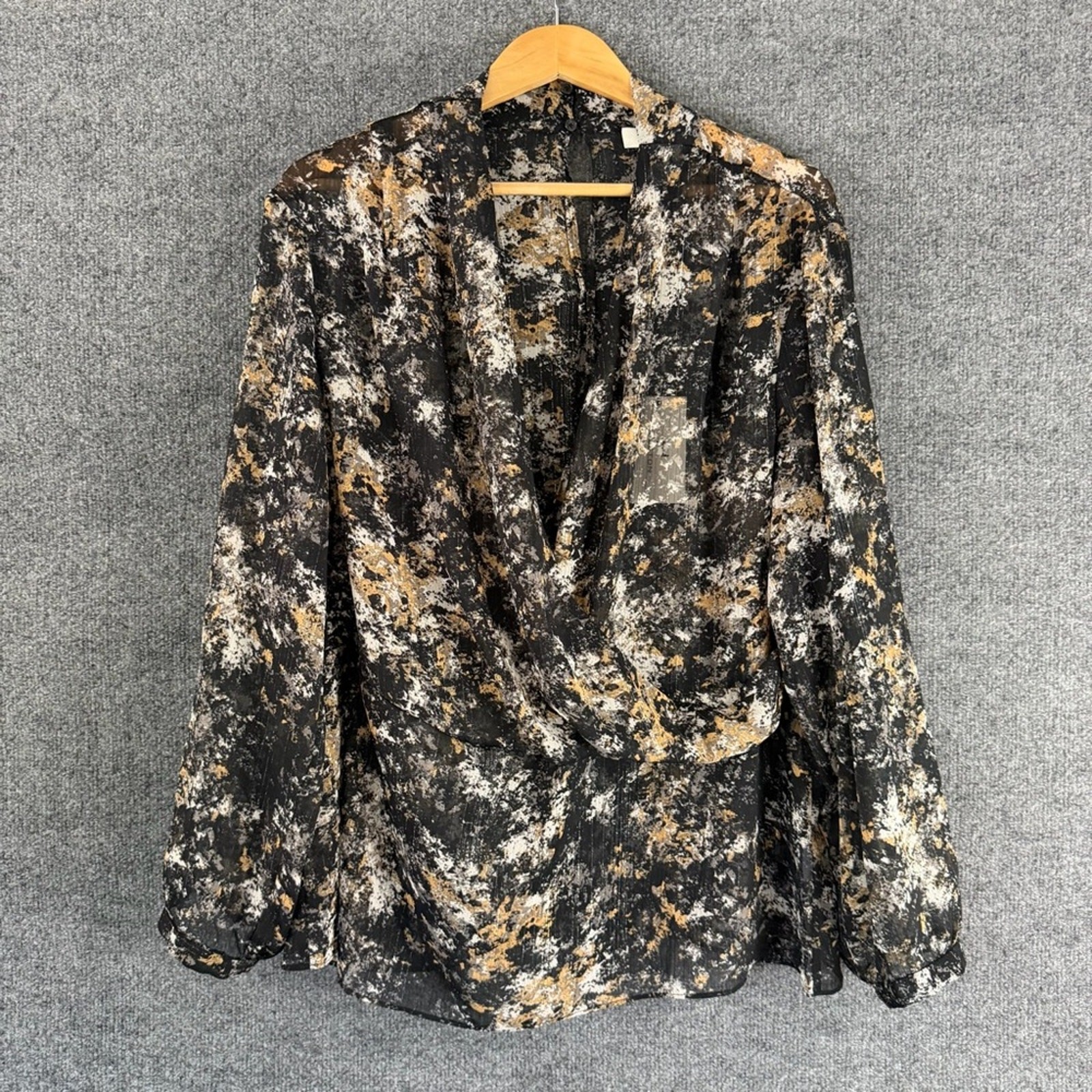 Halston Womens Semi Sheer Marbled Faux Wrap Top Size XXL Black Gold Office
