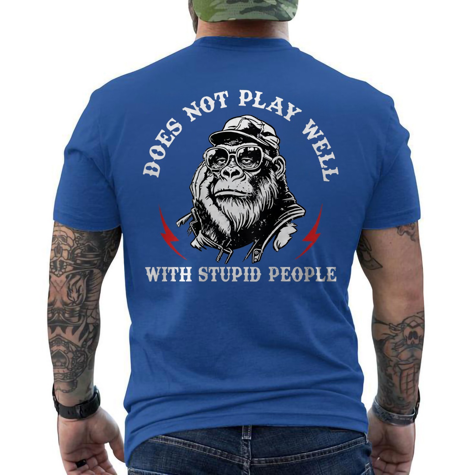 Does Not Play Well with Stupid People Funny Monkey Saying Quote ON BACK T-Shirt