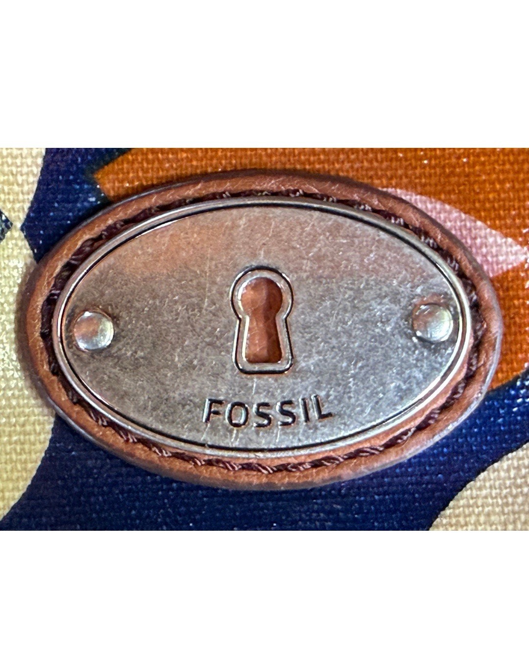 Fossil Key-Per Crossbody Bag Coated Canvas Navy Orange Floral Print Leather Trim