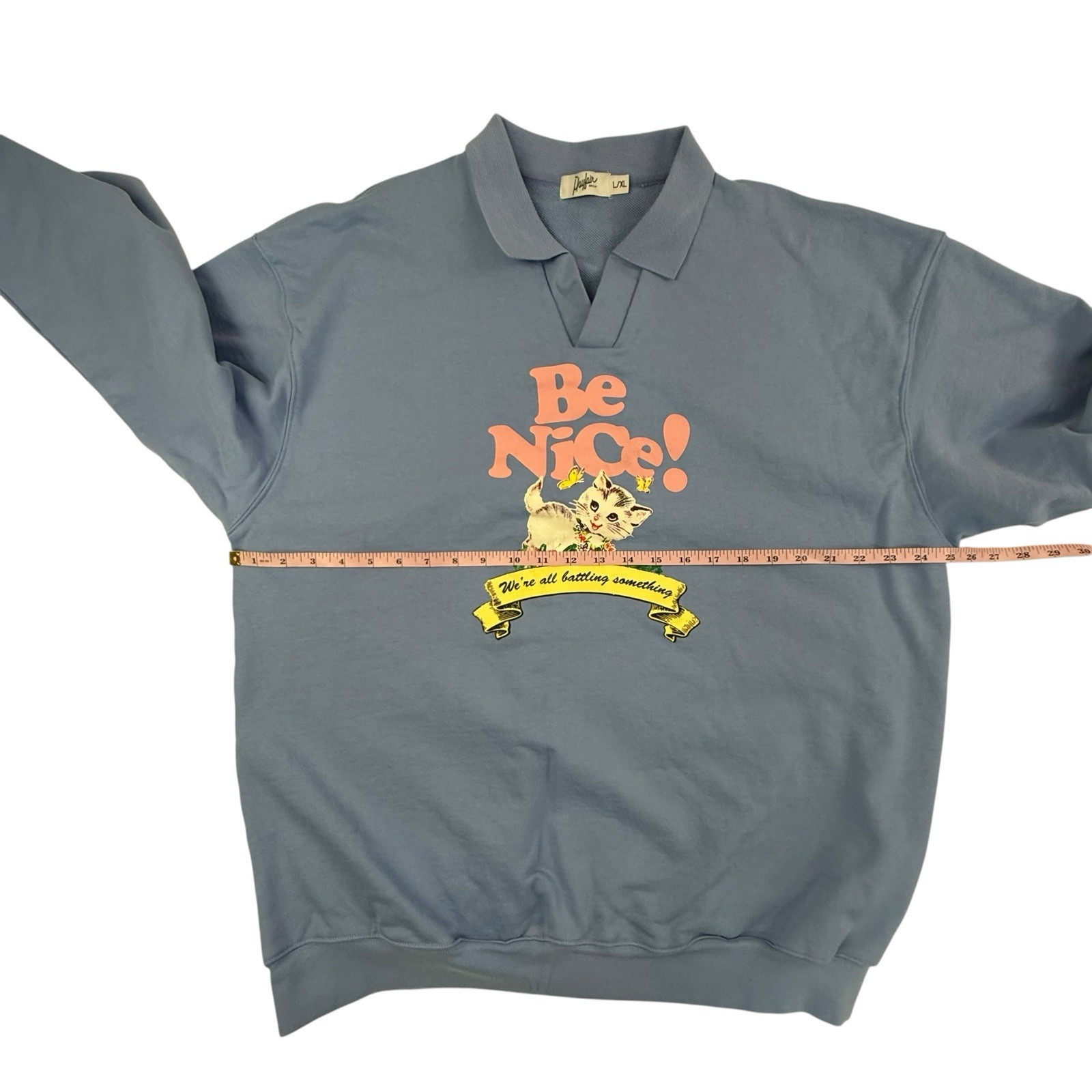 The Mayfair Group BE NICE! Graphic Sweatshirt L/XL Blue Oversized Collar