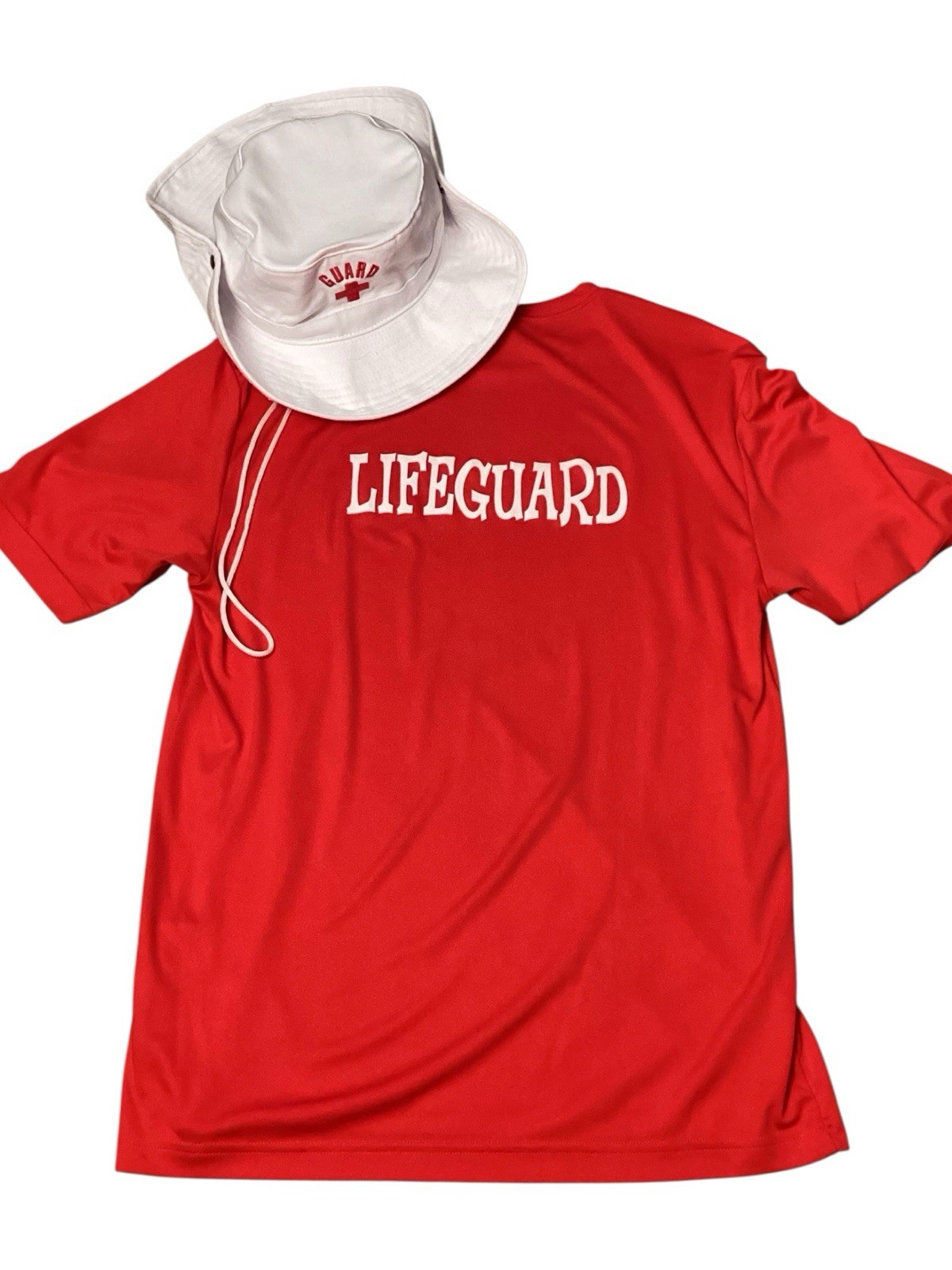Vintage Blarix LIFEGUARD Wide Brim Beach Sun Hat White Red Cotton + Yogi T Shirt