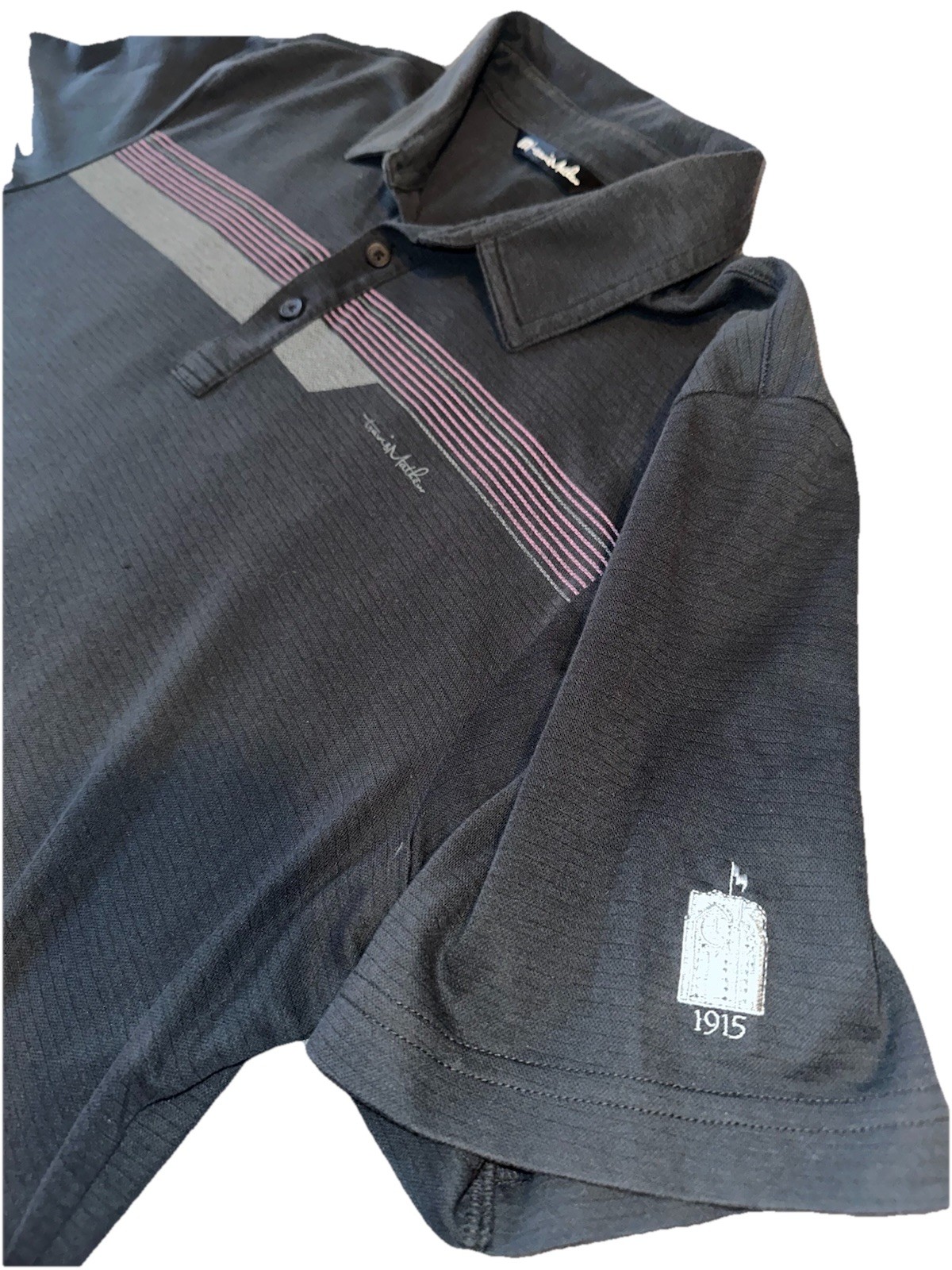 Travis Mathew Striped Polo Shirt Mens Size Large Black Pink Golf Lightweight