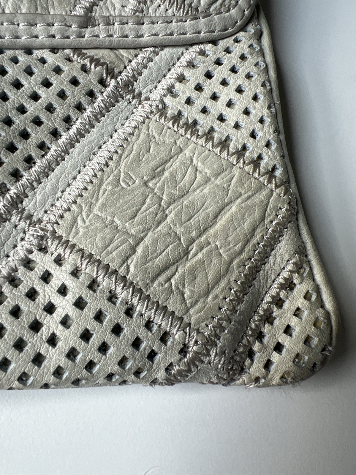 Makowsky Gray Leather Shoulder Bag Perforated Patchwork Silver Hardware Purse