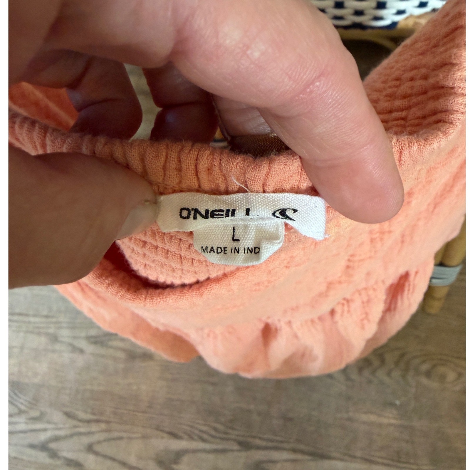 ONeill Peach Crinkle Gauze Babydoll Sundress Womens Large Smocked Mini Pockets