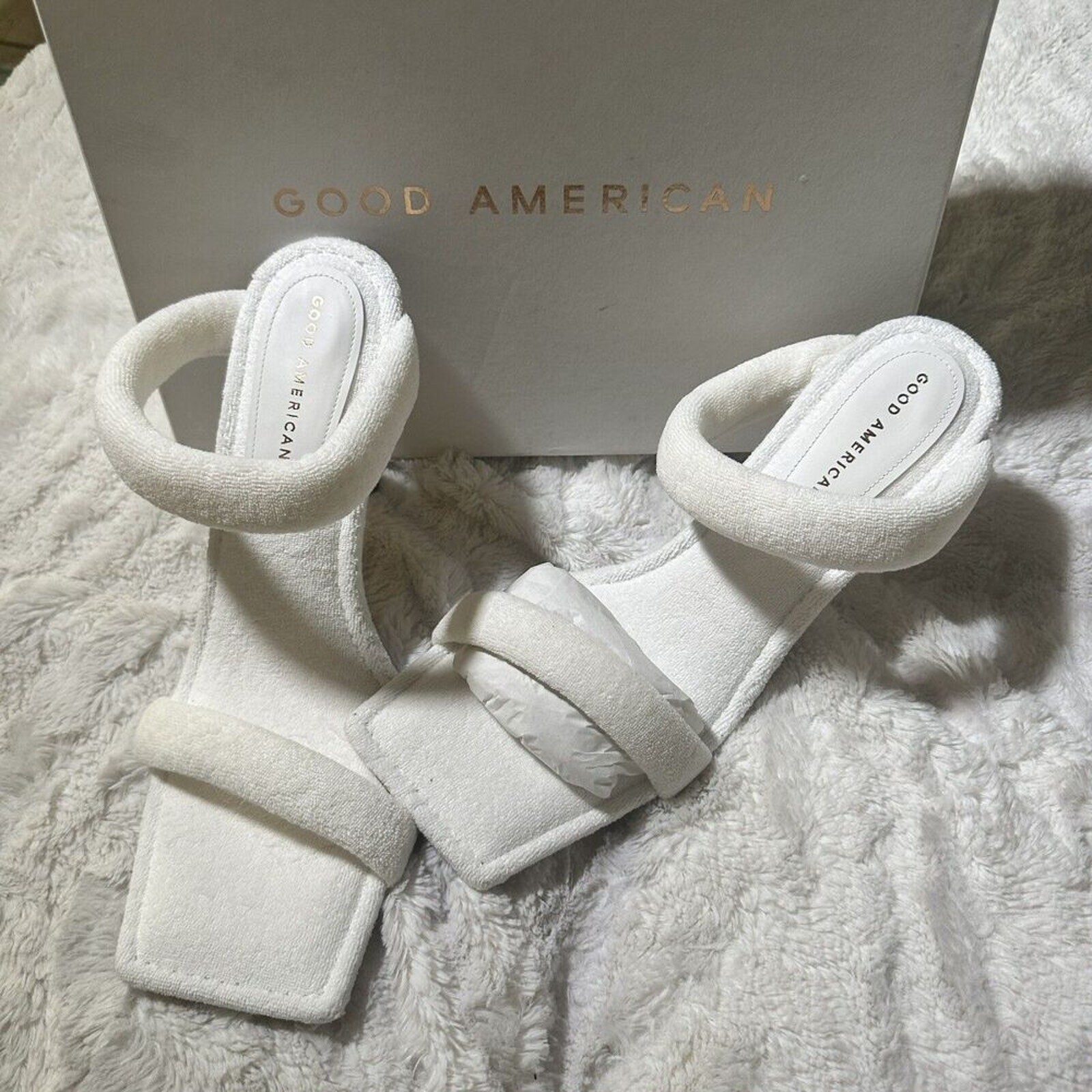 Good American White Terry Cloth Mule Sandals 4” Heel Size 11 NWT Resort