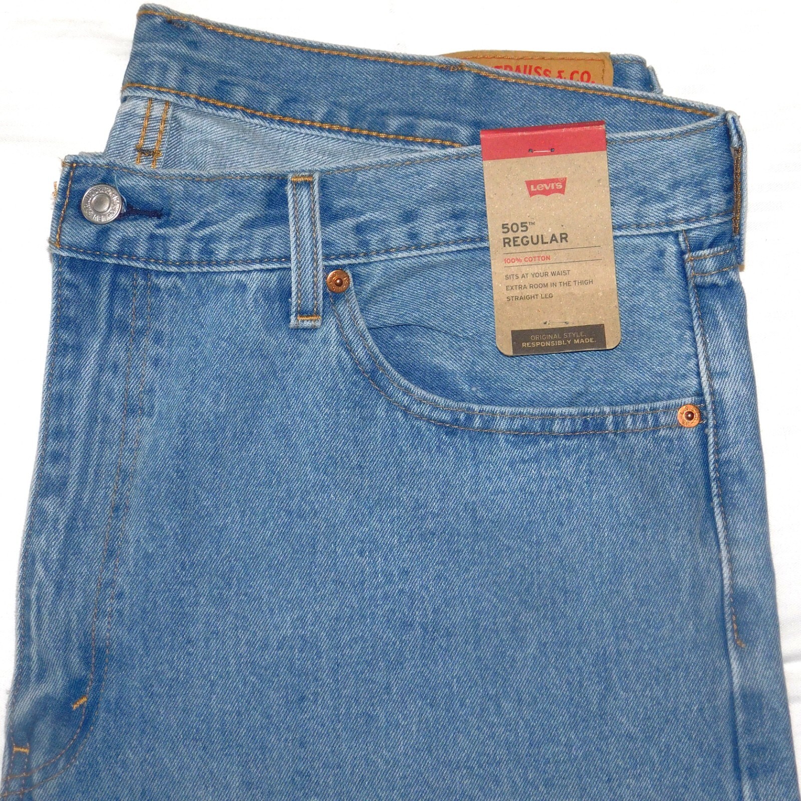 LEVIS 505 Regular Fit Jeans Straight Extra Room in Thigh At Waist Bleach Blue