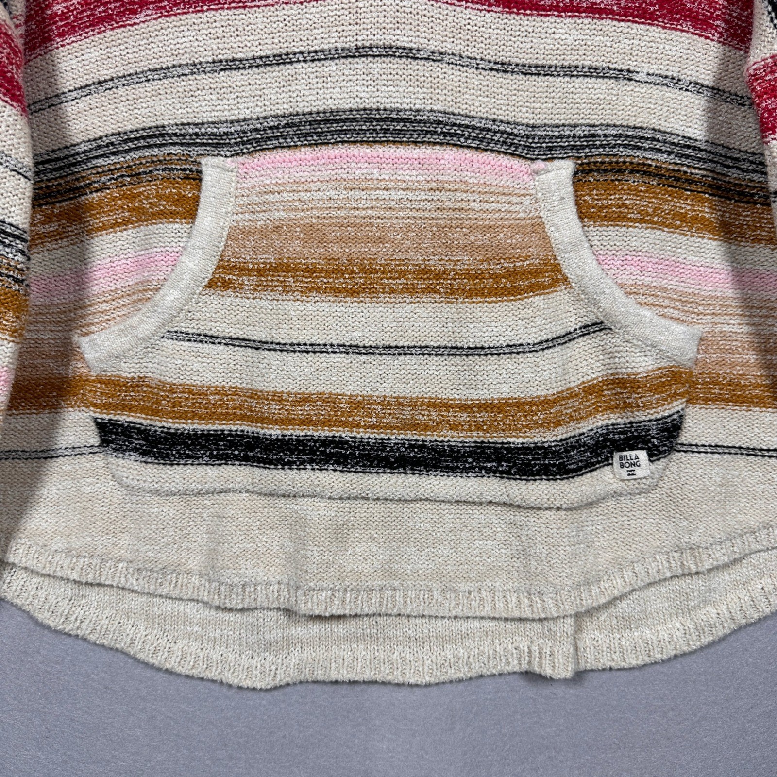 Billabong Womens Striped Knit Hoodie Sweater Multicolor V-Neck Coastal Boho L