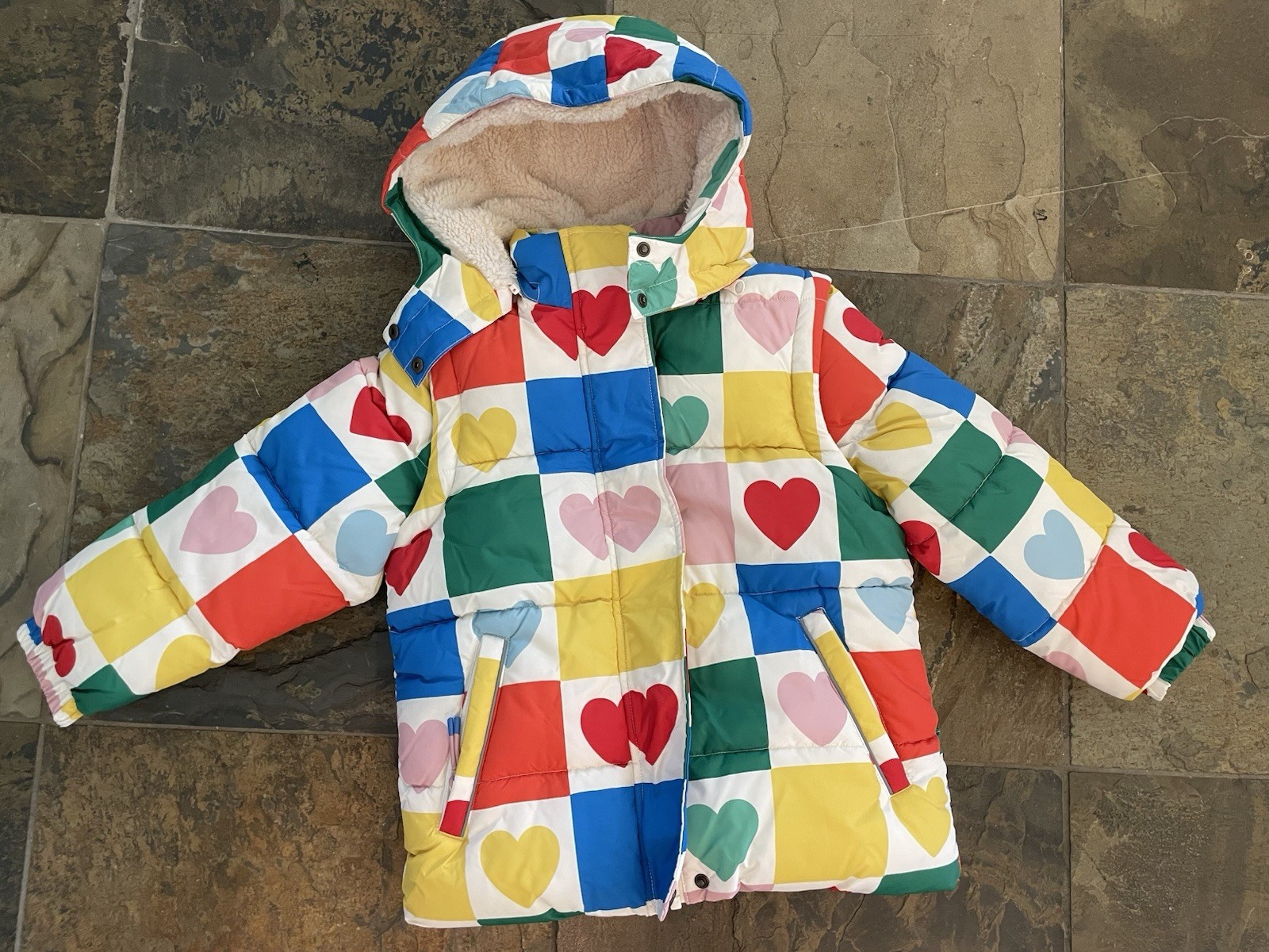 Mini Boden 2-in-1 Checkerboard Hearts Jacket / Vest, Sherpa lined, Sz. 6 -7 yrs