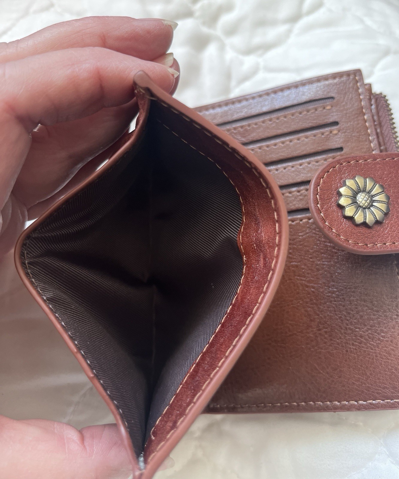 Blucoay brown folding wallet, flower button accent, zippered coin pocket, women