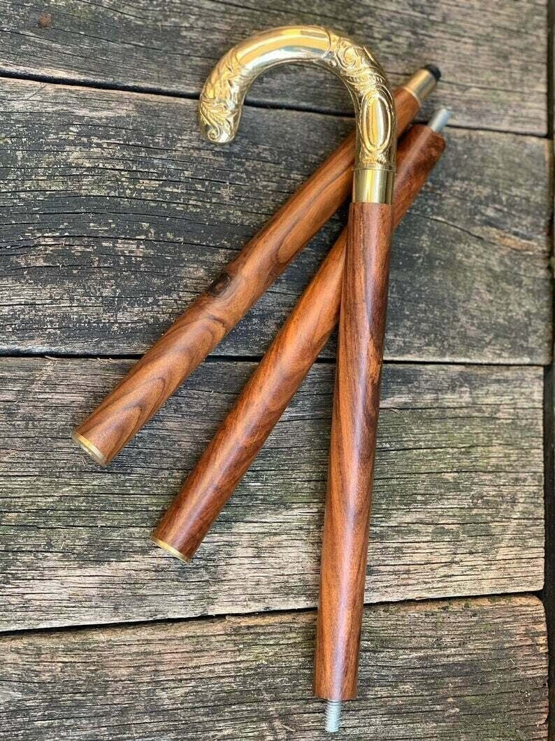 Vintage Brass umbrella Head Handle Brown Wooden Walking Stick Cane Victorian new