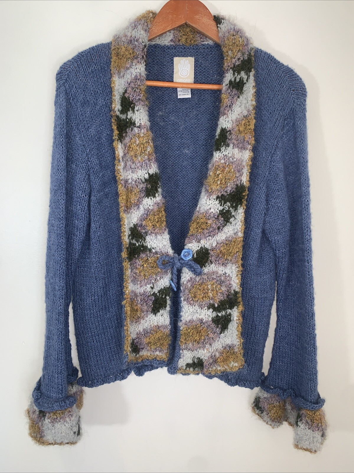 Amano Women Wool Alpaca Cardigan Sweater Large Colorful Ruffled Cottagecore Boho