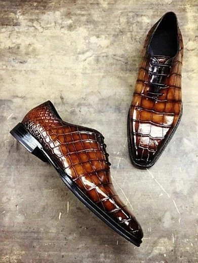 Premium Men’s Crocodile Pattern Leather Dress Shoes – Luxury Formal Lace-Up
