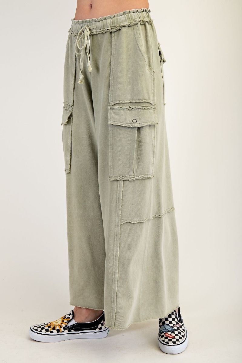 Easel Womens Utility Mineral Washed Wide Leg Terry Knit Cargo Pant- Faded Olive