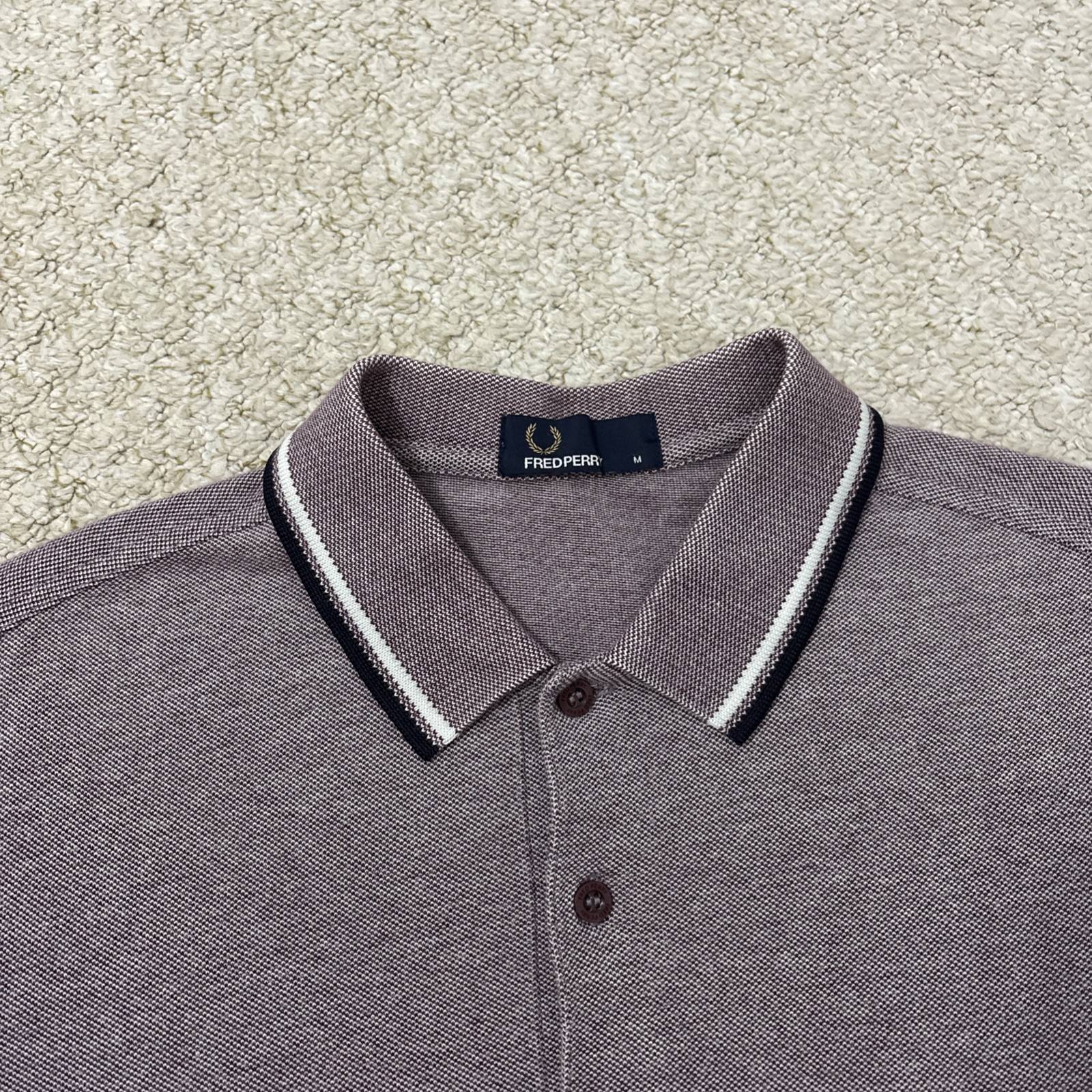 Fred Perry M3600 Mens Medium Twin Tipped Polo Shirt Burgundy Navy Short Sleeve
