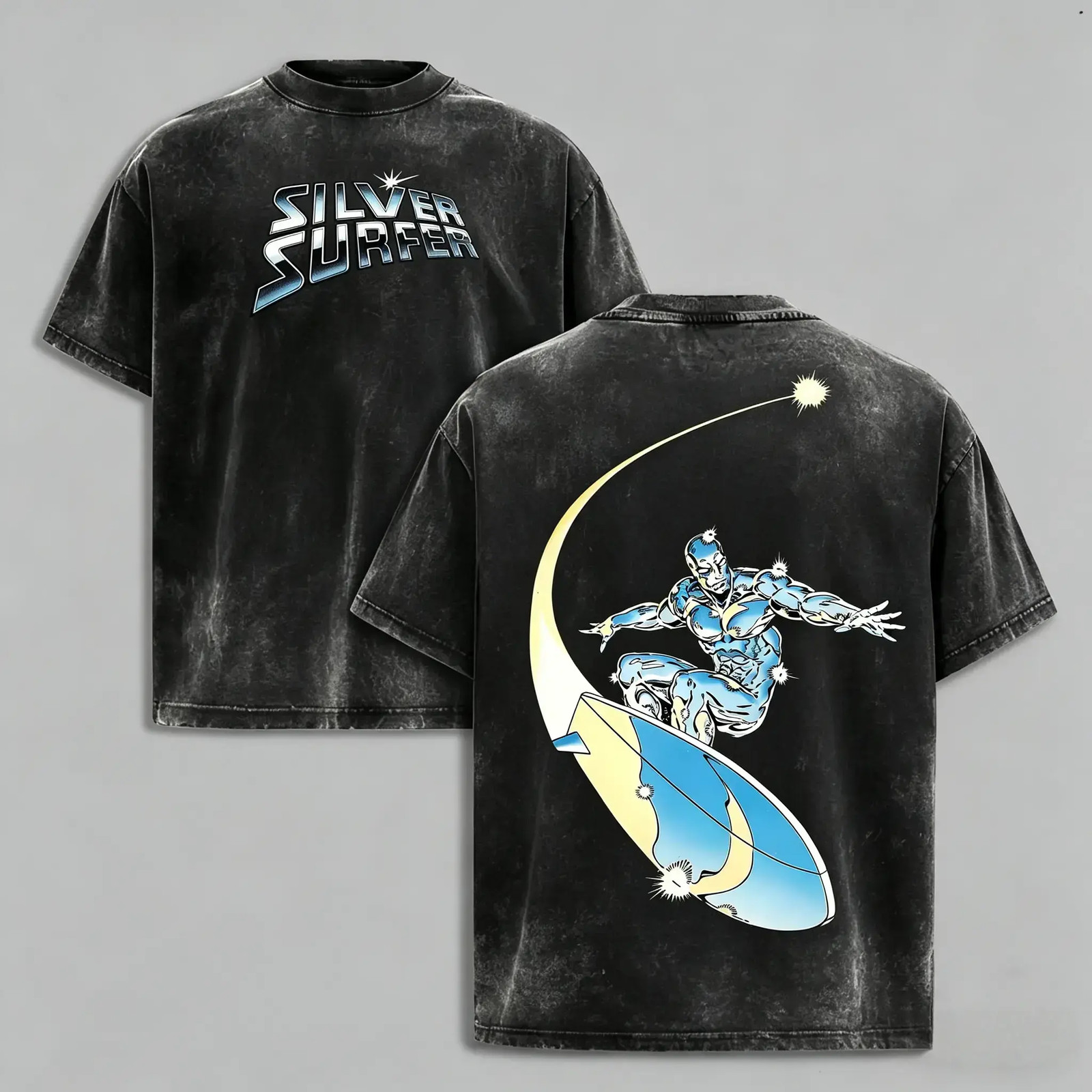 Silver Surfer Retro Comic Unisex Acid Wash Oversized Cotton Tee